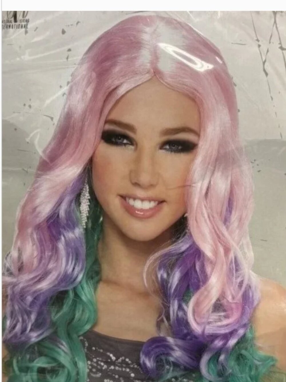 Ombre Pink Purple Green Wig Long Wavy Hair Halloween Costume Accessory 14+